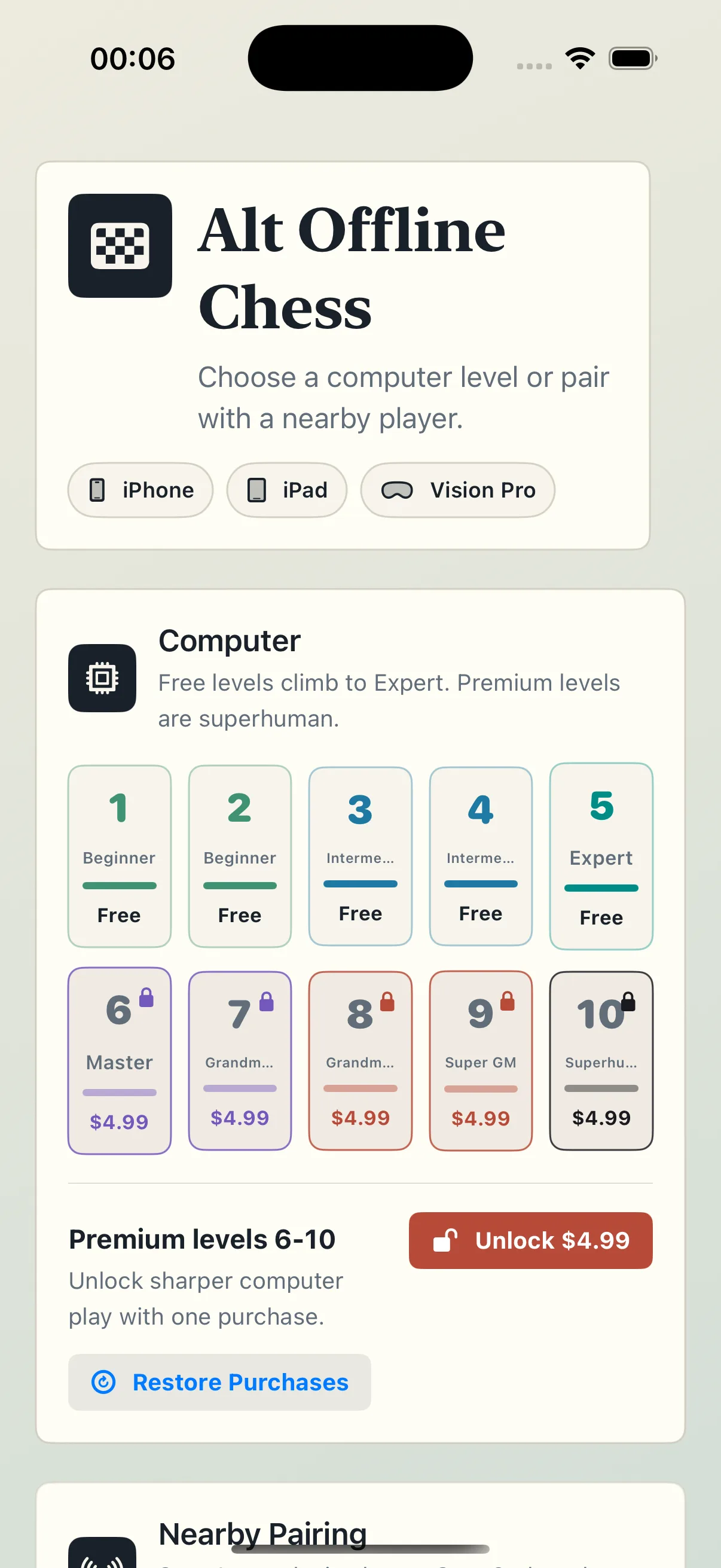 Alt Offline Chess computer levels and nearby pairing screen