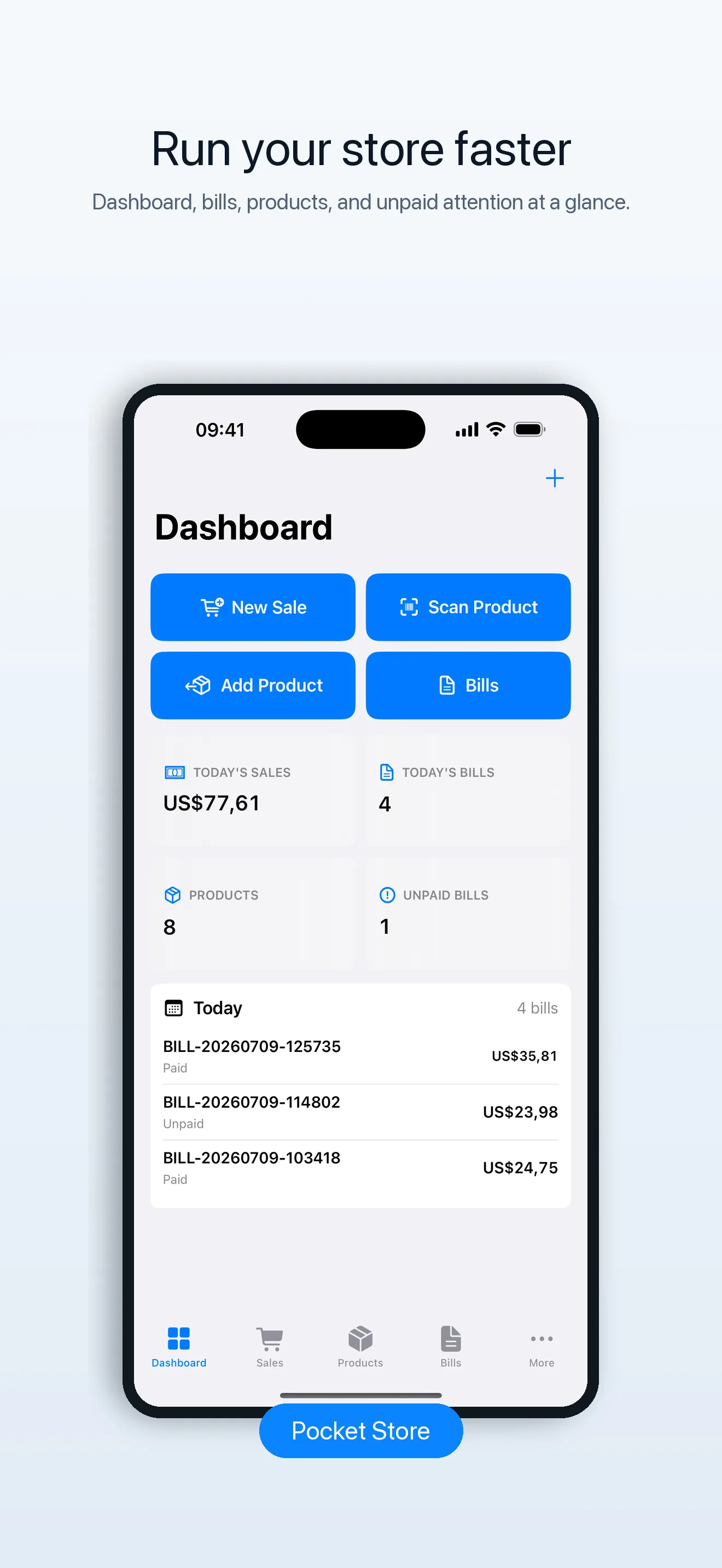Pocket Store dashboard on iPhone