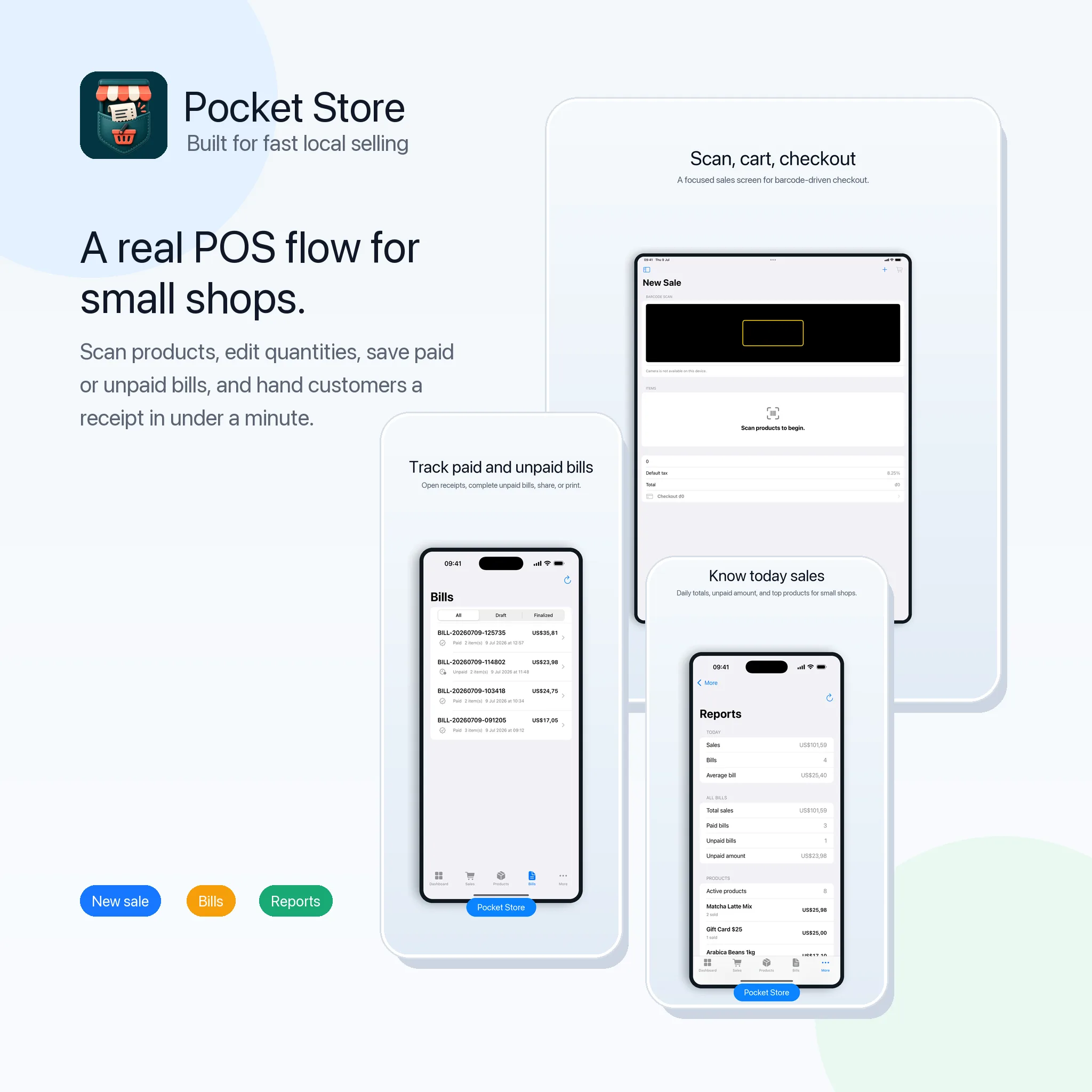 Pocket Store point-of-sale app shown across iPhone and iPad