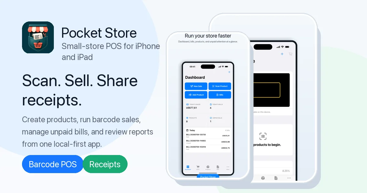 Pocket Store on iPhone and iPad showing dashboard and checkout screens
